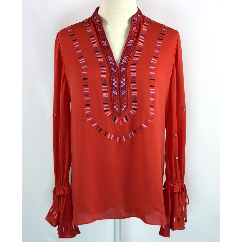 Kobi Halperin Junie Embroidered Women's Silk Red Bell Sleeve Blouse Small
